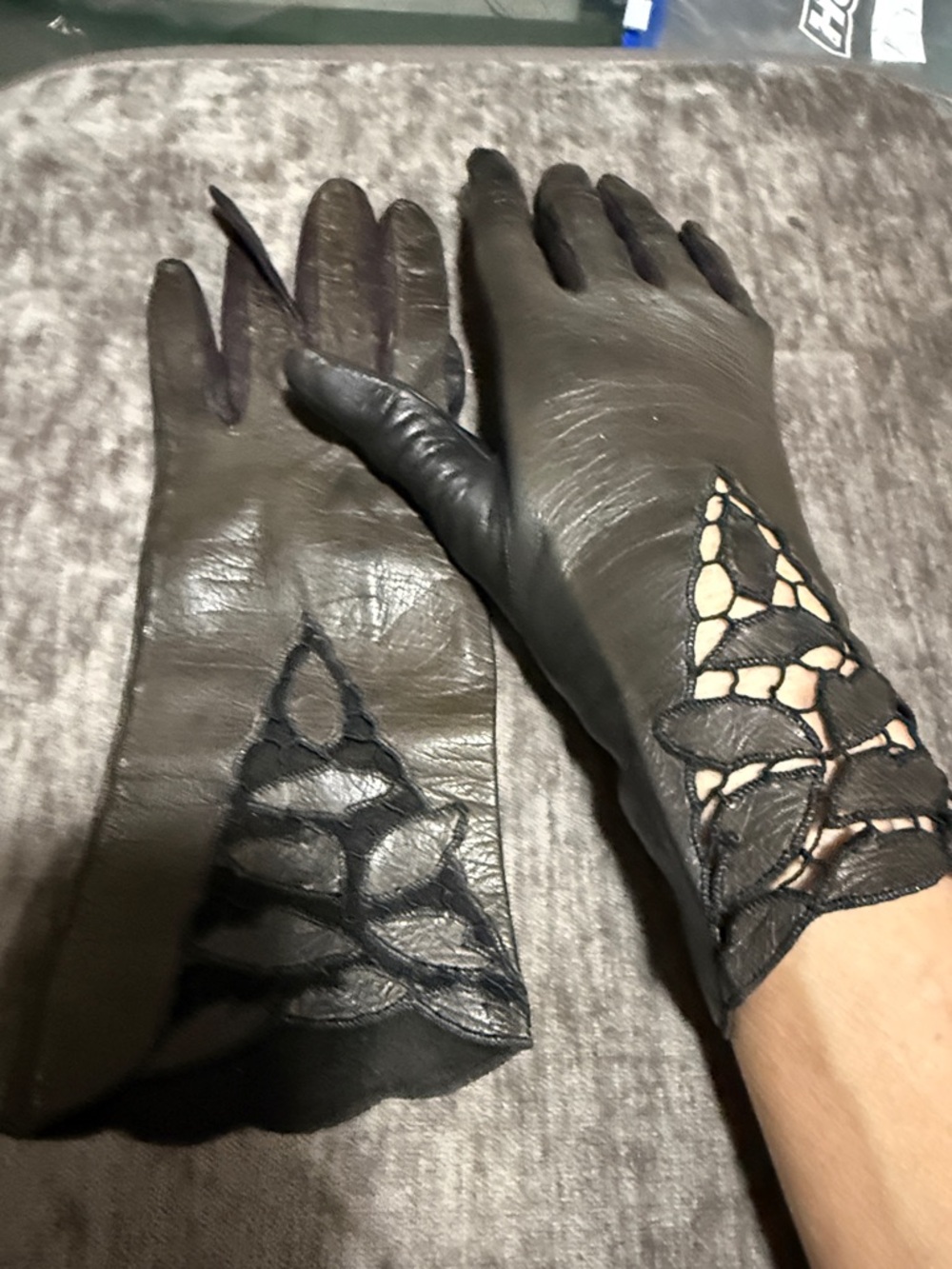 Women's Black Leather Gloves with Lace Cutout Detail Hand made.